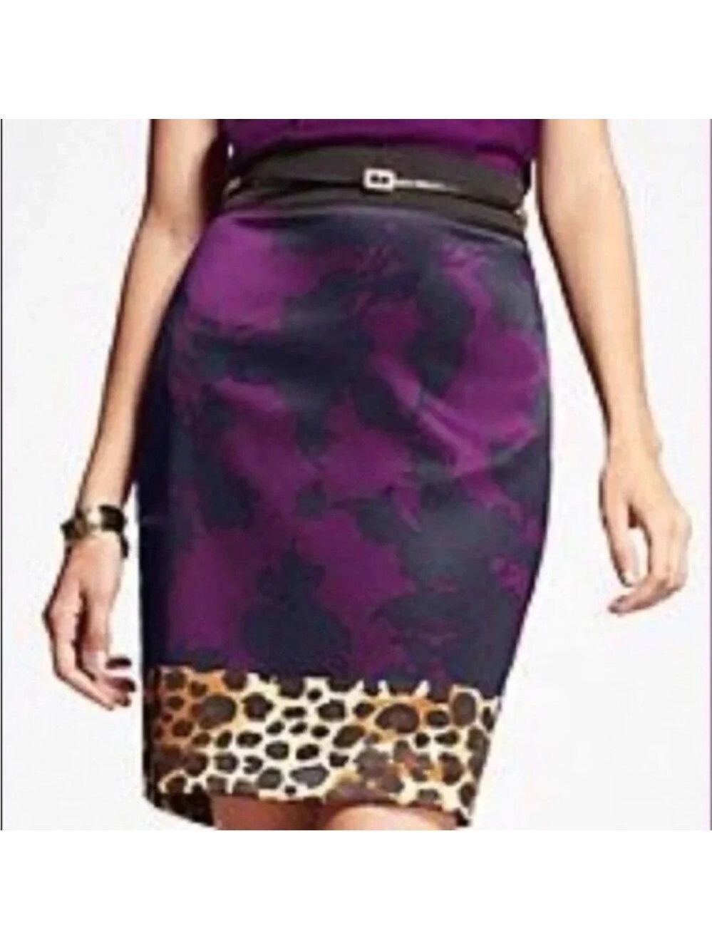 NWT Express Satin Purple Floral & Leopard Print Pencil Skirt, size 8